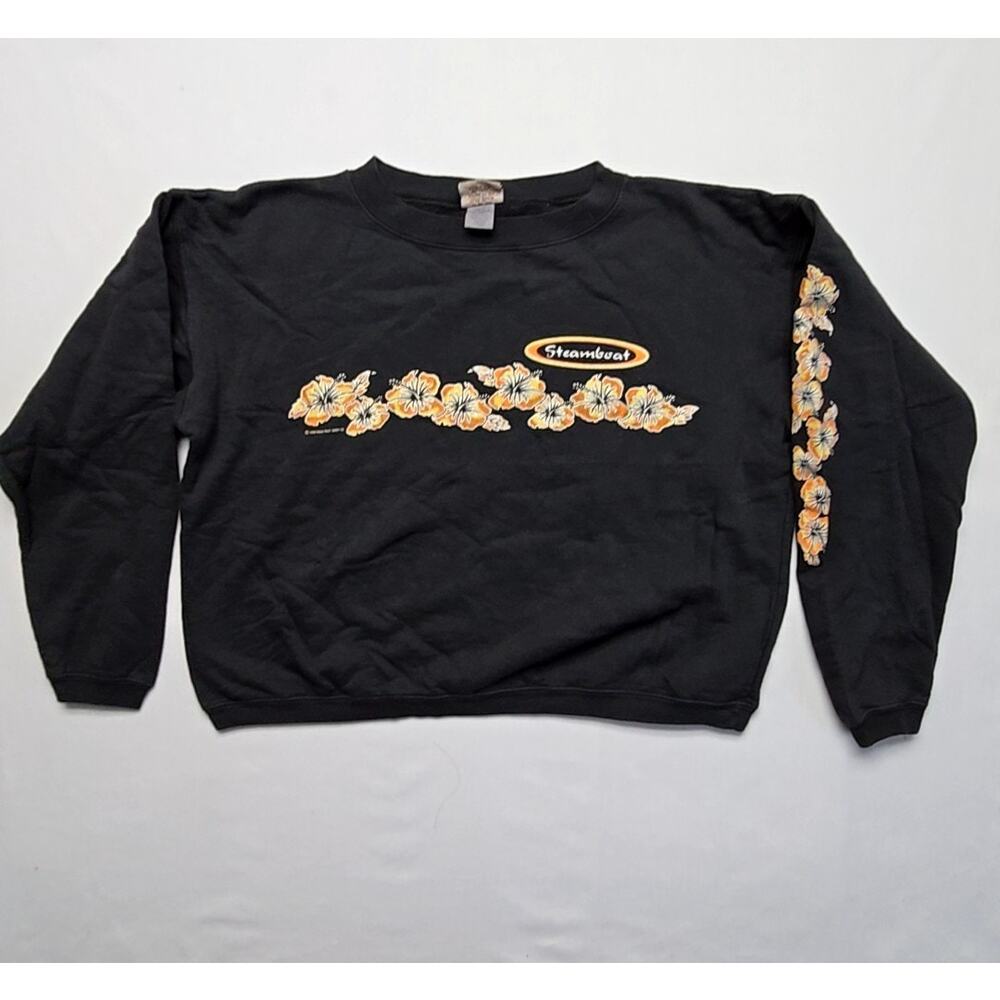 Vintage Steamboat Floral Sweatshirt Womens Cropped Black Sweater Y2K 2000s